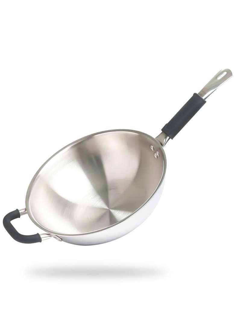 Allo Triply Stainless Steel Wok for Deep Fry Stir Fry Dry Veg Sauté Wok | 4.5 L | 4.8 Qt | 28 cm | 11 Inch | Induction Compatible | Non-Stick - Indya