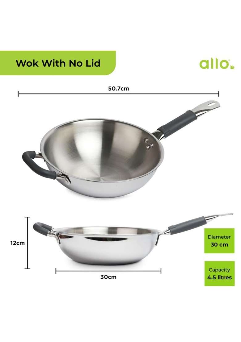Allo Triply Stainless Steel Wok for Deep Fry Stir Fry Dry Veg Sauté Wok | 4.5 L | 4.8 Qt | 28 cm | 11 Inch | Induction Compatible | Non-Stick - Indya