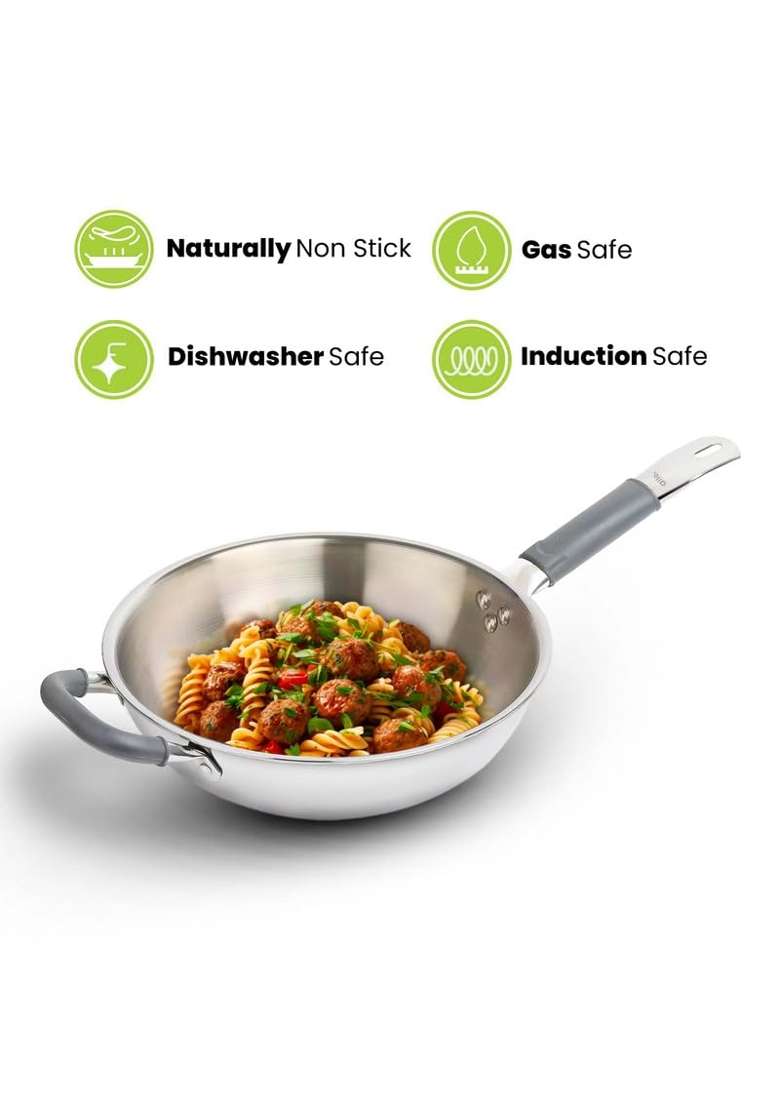 Allo Triply Stainless Steel Wok for Deep Fry Stir Fry Dry Veg Sauté Wok | 4.5 L | 4.8 Qt | 28 cm | 11 Inch | Induction Compatible | Non-Stick - Indya