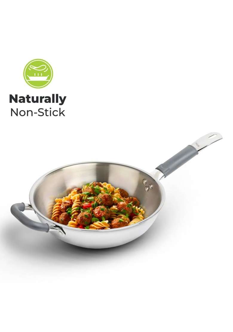 Allo Triply Stainless Steel Wok for Deep Fry Stir Fry Dry Veg Sauté Wok | 4.5 L | 4.8 Qt | 28 cm | 11 Inch | Induction Compatible | Non-Stick - Indya