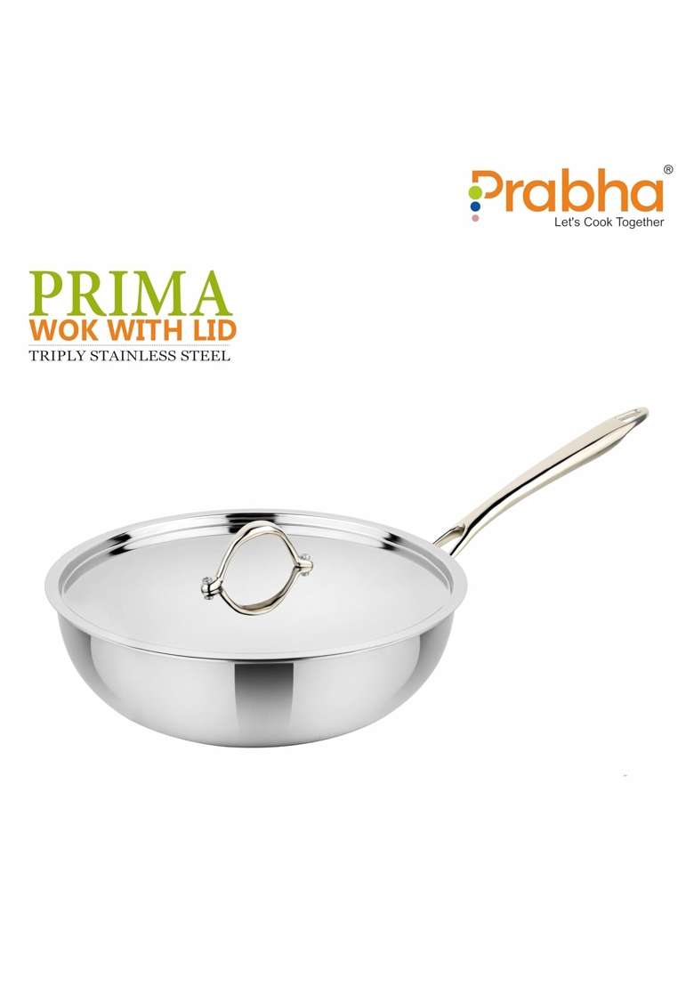 Prabha Stainless Steel Prima Wok | 3.5 L | 3.7 Qt | 26 cm | 10.2 Inch | Induction Compatible - Indya