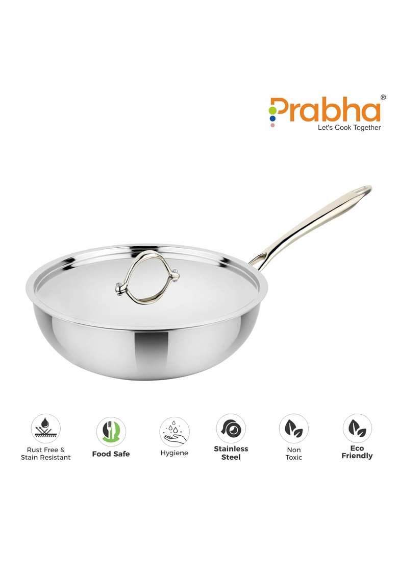 Prabha Stainless Steel Prima Wok | 3.5 L | 3.7 Qt | 26 cm | 10.2 Inch | Induction Compatible - Indya