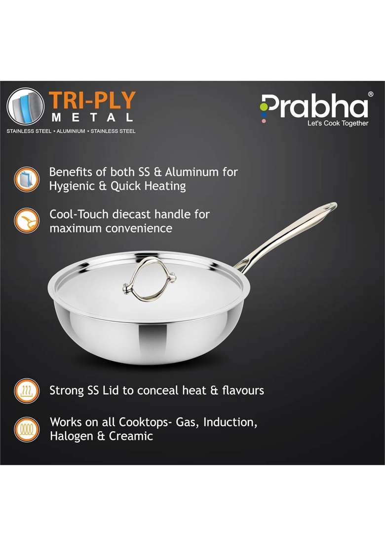Prabha Stainless Steel Prima Wok | 3.5 L | 3.7 Qt | 26 cm | 10.2 Inch | Induction Compatible - Indya
