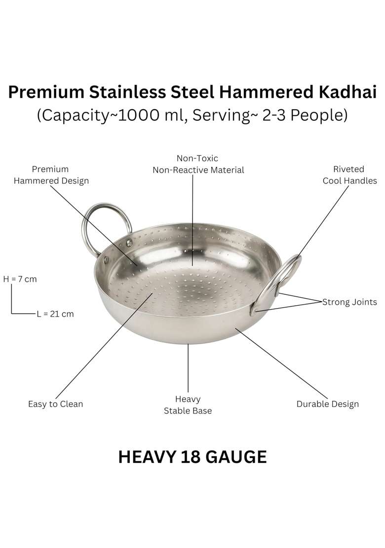 BARTN Stainless Steel Heavy Gauge Kadhai | 2 L | 2.1 Qt | Hammered Finish | Rust Resistant - Indya