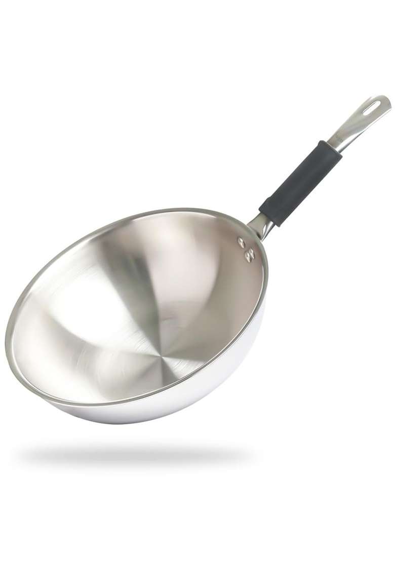 Allo Triply Stainless Steel Wok for Deep Fry Stir Fry Dry Veg Sauté Wok | 2 L | 2.1 Qt | 22 cm | 8.7 Inch | Induction Compatible | Non-Stick - Indya