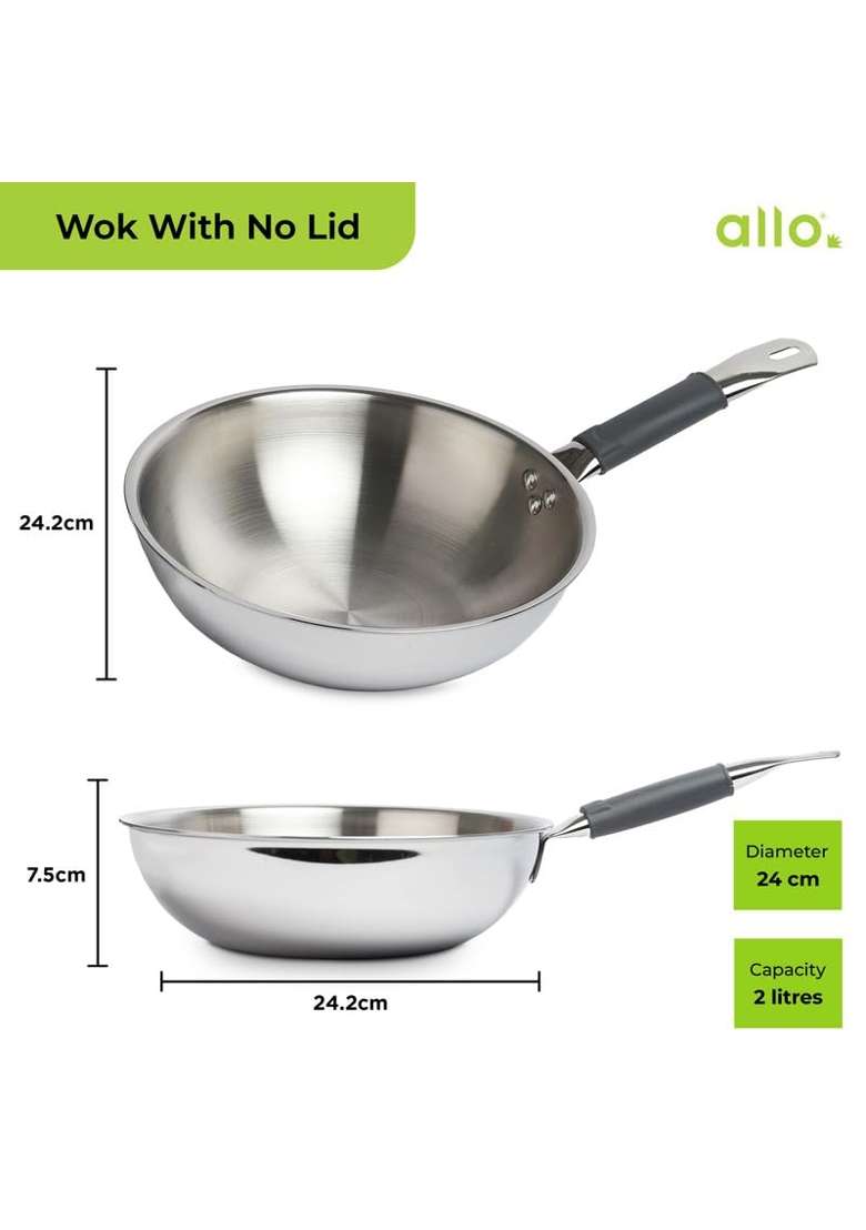 Allo Triply Stainless Steel Wok for Deep Fry Stir Fry Dry Veg Sauté Wok | 2 L | 2.1 Qt | 22 cm | 8.7 Inch | Induction Compatible | Non-Stick - Indya