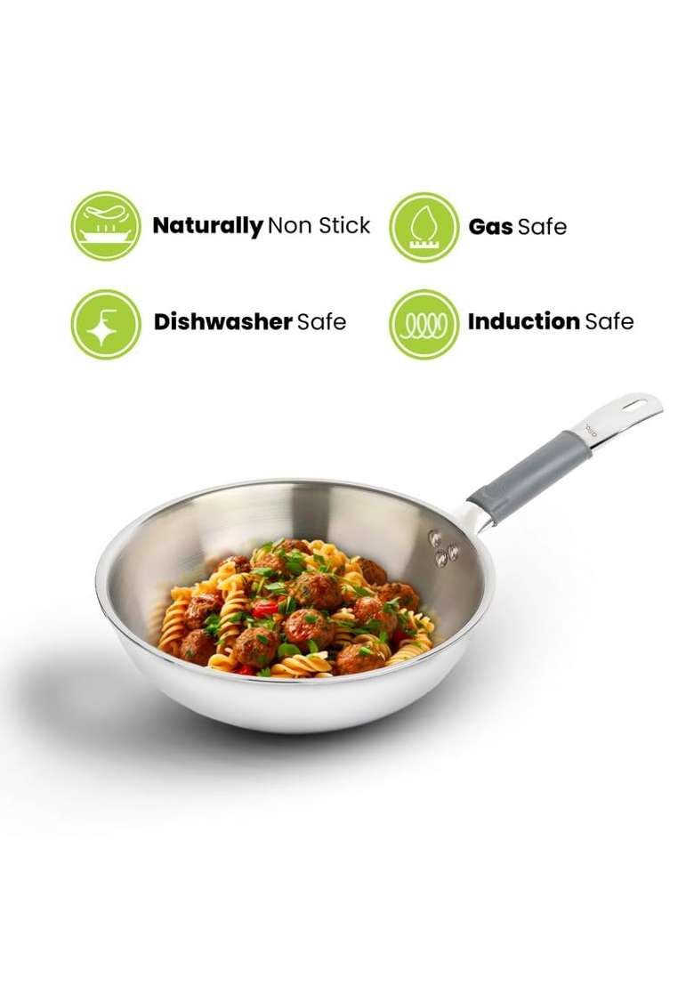 Allo Triply Stainless Steel Wok for Deep Fry Stir Fry Dry Veg Sauté Wok | 2 L | 2.1 Qt | 22 cm | 8.7 Inch | Induction Compatible | Non-Stick - Indya