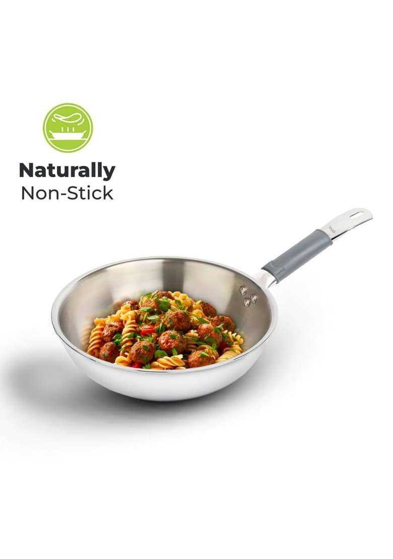 Allo Triply Stainless Steel Wok for Deep Fry Stir Fry Dry Veg Sauté Wok | 2 L | 2.1 Qt | 22 cm | 8.7 Inch | Induction Compatible | Non-Stick - Indya