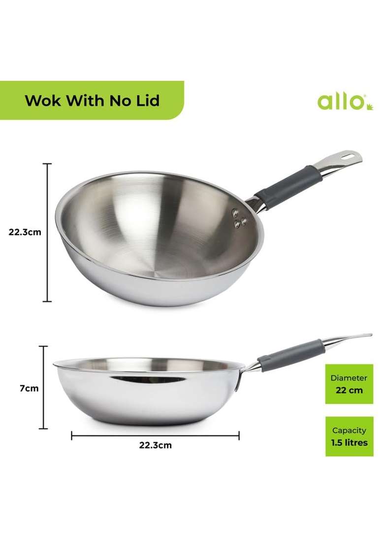 Allo Triply Stainless Steel Wok for Deep Fry Stir Fry Dry Veg Sauté Wok | 1.5 L | 1.6 Qt | 20 cm | 7.9 Inch | Induction Compatible | Non-Stick - Indya
