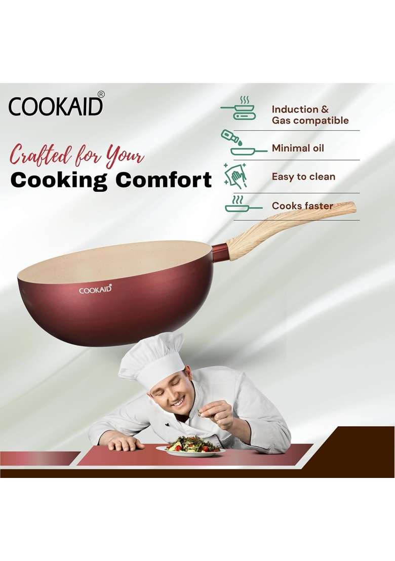 COOKAID Wok Pan Woks for Cooking | 24 cm | 9.4 Inch | Induction Compatible | Non-Stick - Indya