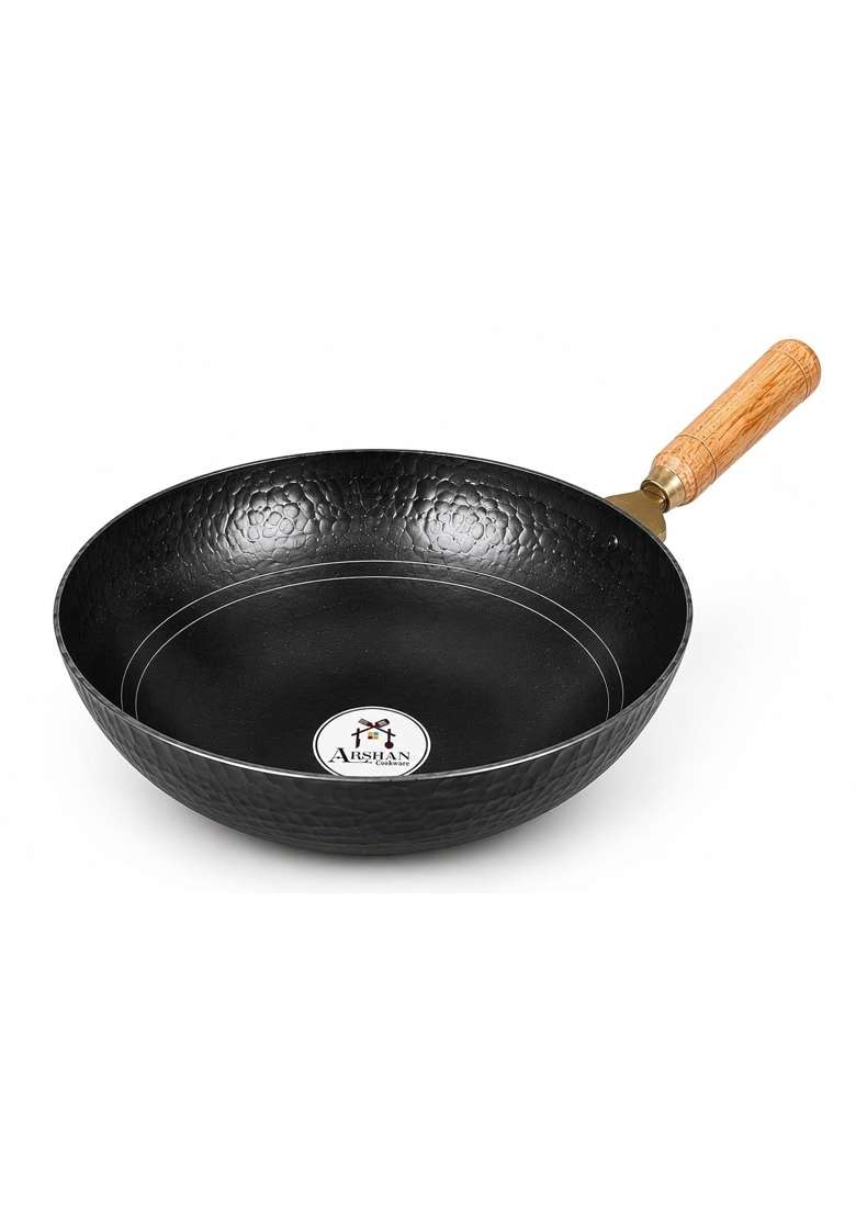ARSHAN COOKWARE Pure Iron Wok with Wooden Handle Handmade Black Iron Kadai Chemical-Free | 4.5 L | 4.8 Qt | 30 cm | 11.8 Inch | Non-Toxic - Indya
