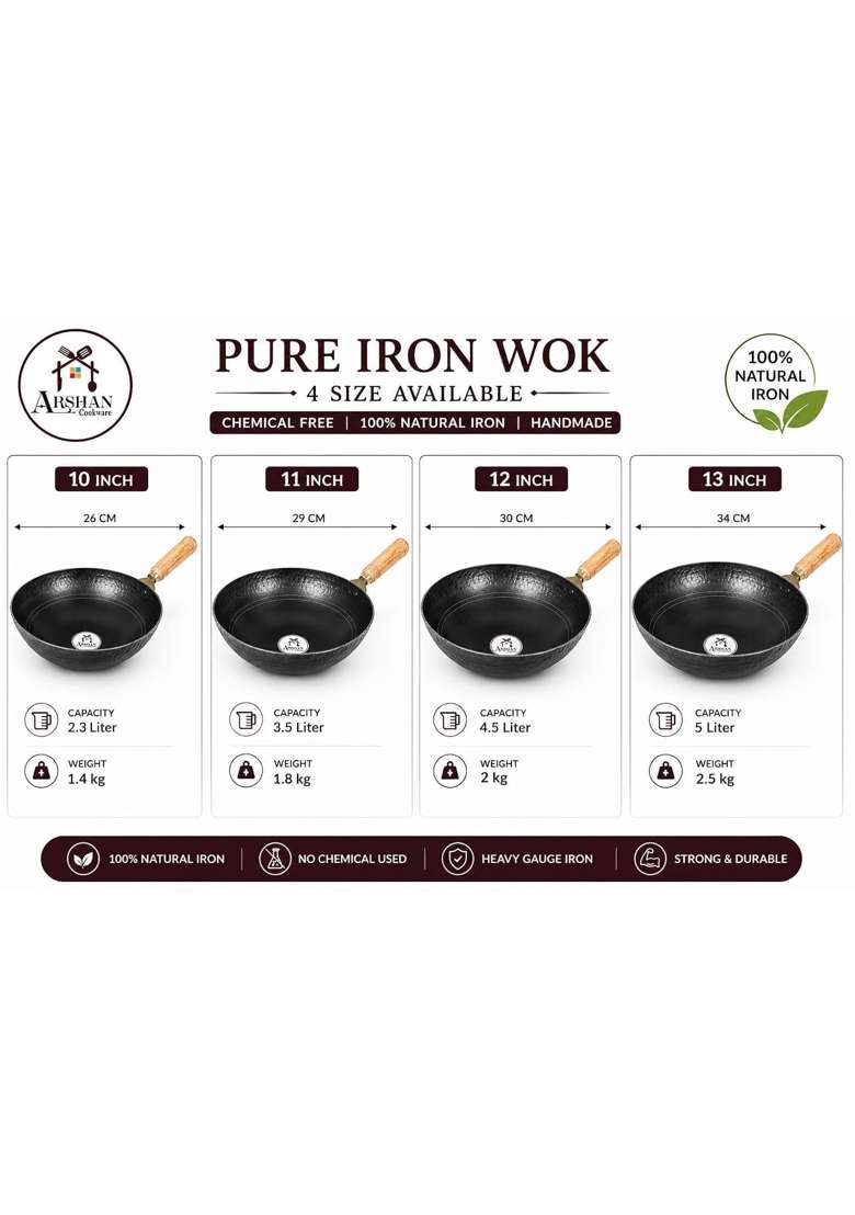 ARSHAN COOKWARE Pure Iron Wok with Wooden Handle Handmade Black Iron Kadai Chemical-Free | 4.5 L | 4.8 Qt | 30 cm | 11.8 Inch | Non-Toxic - Indya