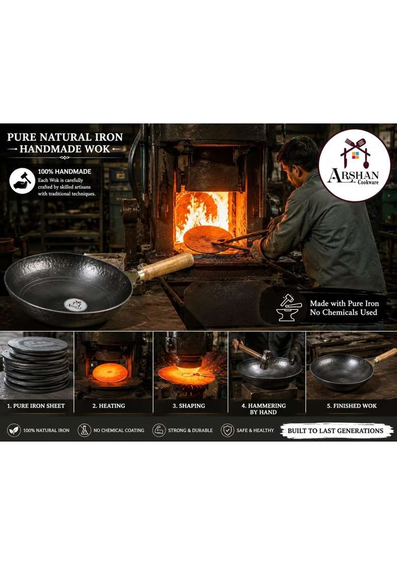 ARSHAN COOKWARE Pure Iron Wok with Wooden Handle Handmade Black Iron Kadai Chemical-Free | 4.5 L | 4.8 Qt | 30 cm | 11.8 Inch | Non-Toxic - Indya