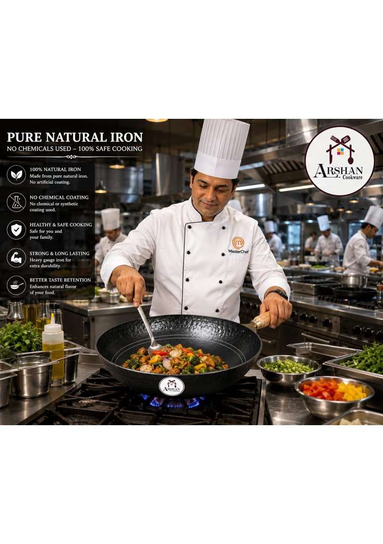 ARSHAN COOKWARE Pure Iron Wok with Wooden Handle Handmade Black Iron Kadai Chemical-Free | 4.5 L | 4.8 Qt | 30 cm | 11.8 Inch | Non-Toxic - Indya