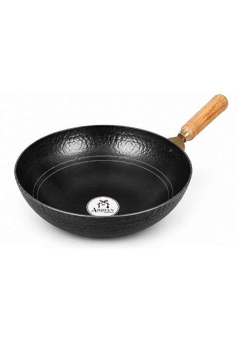ARSHAN COOKWARE Pure Iron Wok with Wooden Handle Handmade Black Iron Kadai Chemical-Free | 4.5 L | 4.8 Qt | 30 cm | 11.8 Inch | Non-Toxic