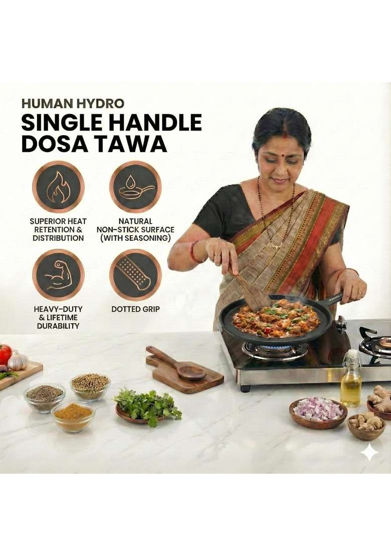 Human Hydro Cast Iron Tawa Flat Griddle Single Handle | 25 cm | 9.8 Inch | Induction Compatible | Non-Stick - Indya