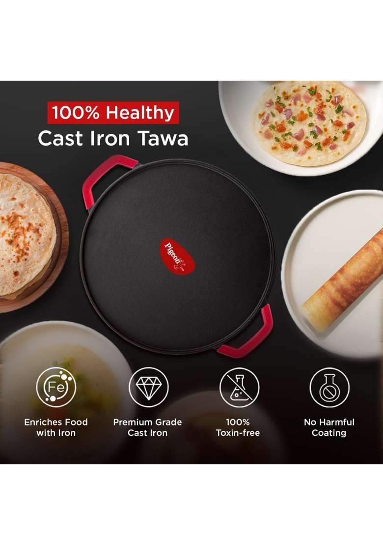 Pigeon Pre-Seasoned Cast Iron Tawa Flat Griddle | 30 cm | 11.8 Inch | Induction Compatible | Non-Toxic | Non-Stick - Indya