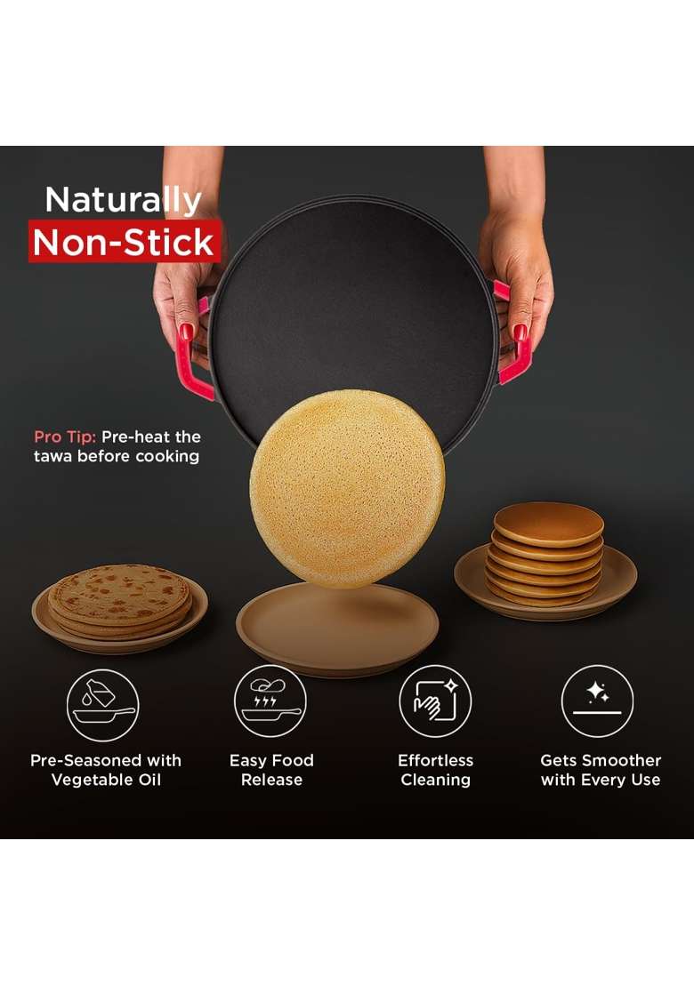 Pigeon Pre-Seasoned Cast Iron Tawa Flat Griddle | 30 cm | 11.8 Inch | Induction Compatible | Non-Toxic | Non-Stick - Indya