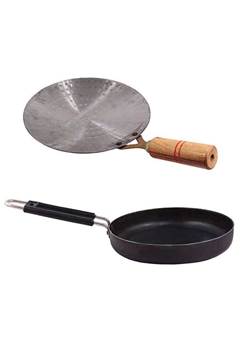 KITCHEN SHOPEE Traditional Silver Iron Tawa Flat Griddle for Roti Chapathi Chapati9 Inch and Iron Fry Pan | 9 Inch - Indya