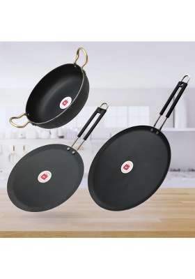 LAZYwindow Iron Tawa and Deep Kadhai Wok Set | Pack of 3 | Induction Compatible