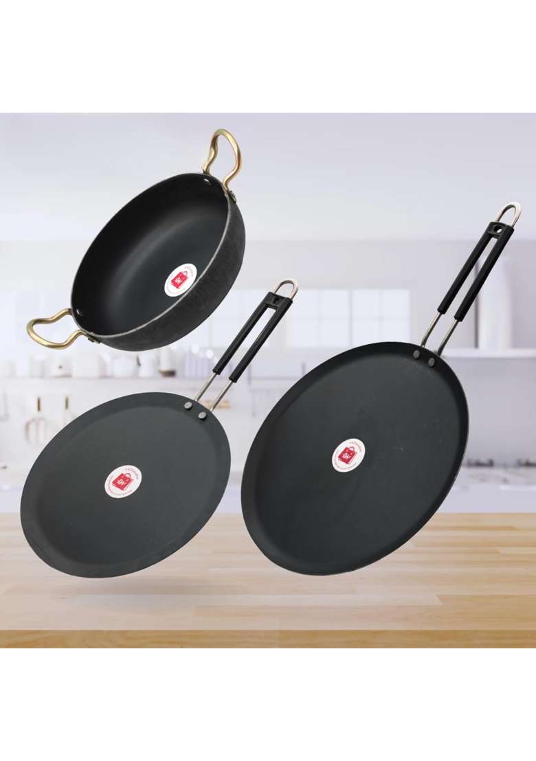 LAZYwindow Iron Tawa and Deep Kadhai Wok Set | Pack of 3 | Induction Compatible - Indya