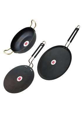LAZYwindow Iron Deep Kadhai Wok and Tawa Set | Pack of 3