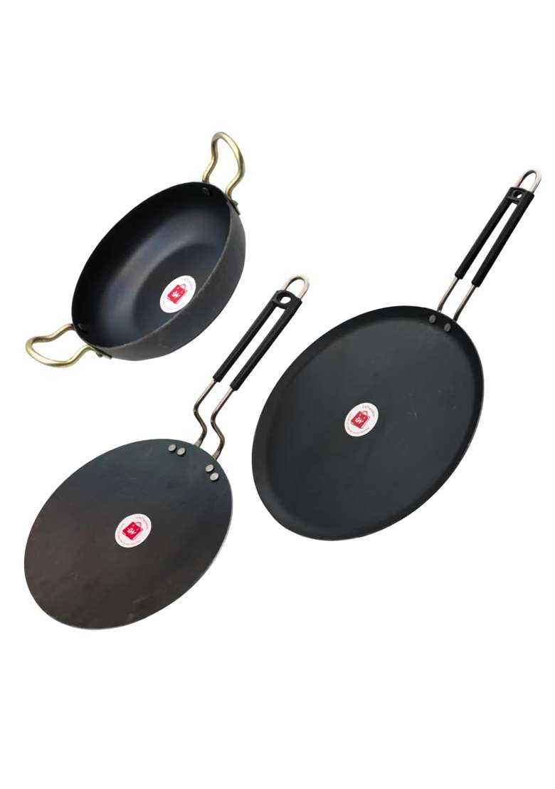 LAZYwindow Iron Deep Kadhai Wok and Tawa Set | Pack of 3 - Indya