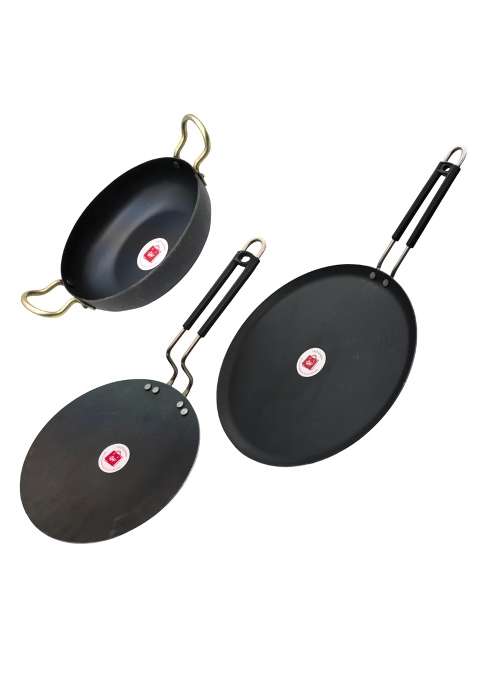 LAZYwindow Iron Deep Kadhai Wok and Tawa Set | Pack of 3