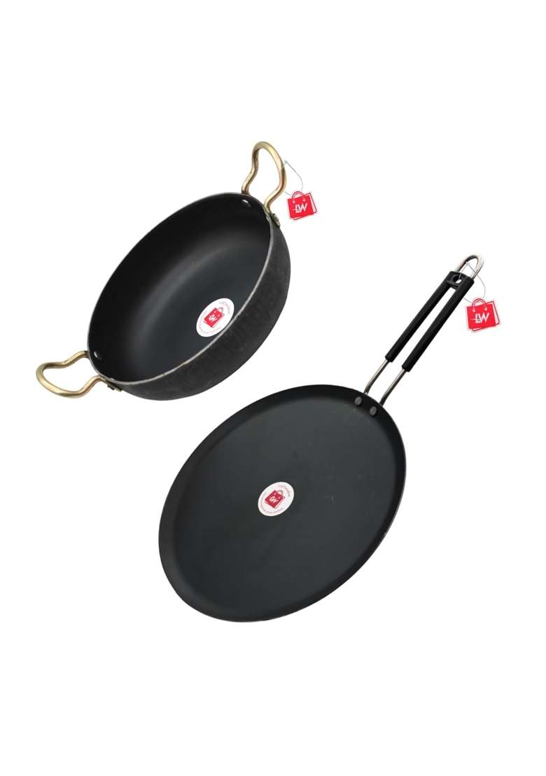 LAZYwindow Iron Deep Kadhai Wok and Tawa Combo with Grip Handle - Indya