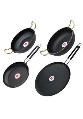 LAZYwindow Iron Kadhai Wok Tawa and Deep Fry Pan Set | Pack of 4 | Induction Compatible