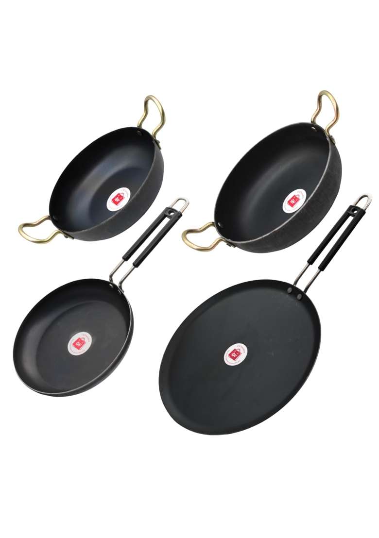 LAZYwindow Iron Kadhai Wok Tawa and Deep Fry Pan Set | Pack of 4 | Induction Compatible - Indya