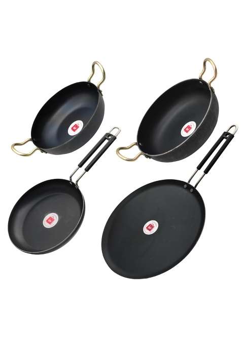 LAZYwindow Iron Kadhai Wok Tawa and Deep Fry Pan Set | Pack of 4 | Induction Compatible
