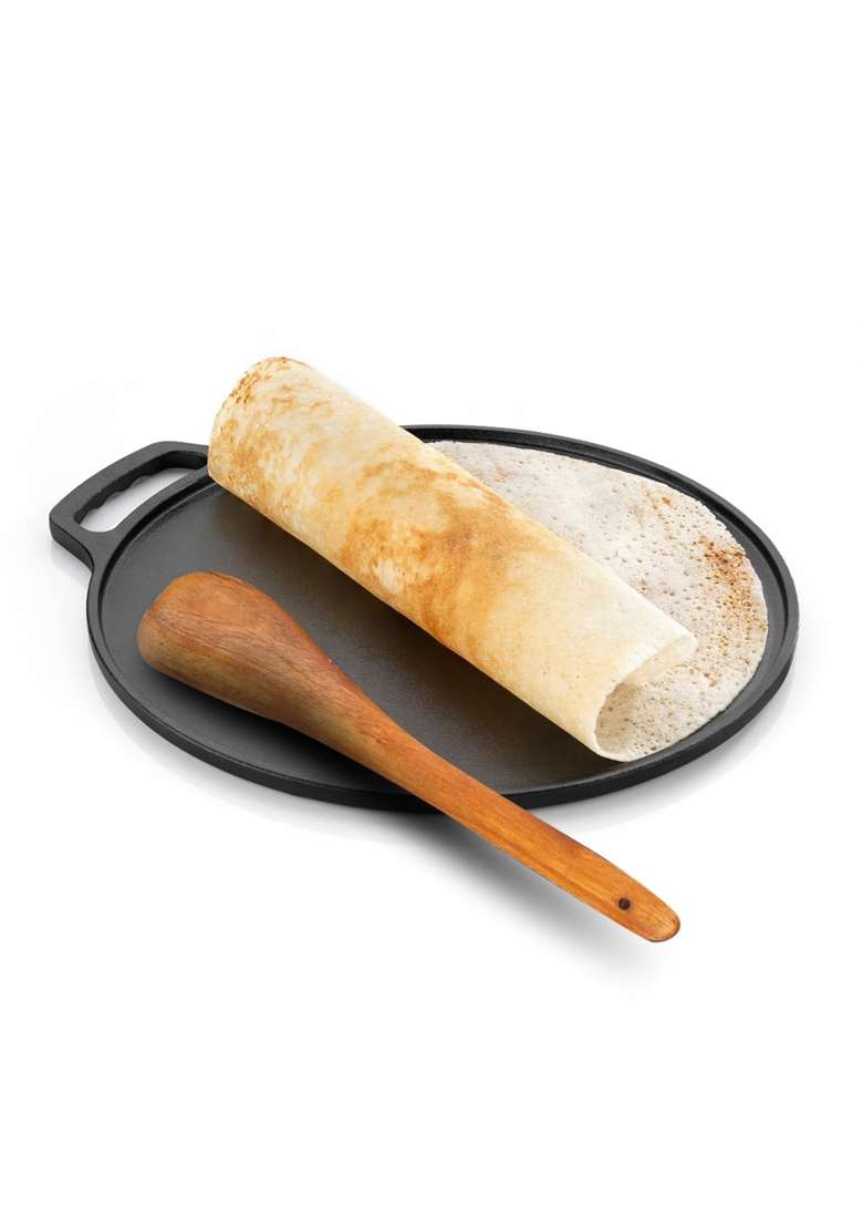 Lifelong Cast Iron Dosa Tawa Dosa Pan with Wooden Spatula for Dosa | 26 cm | 10.2 Inch | Induction Compatible | Non-Toxic | Pre-Seasoned | Non-Stick - Indya