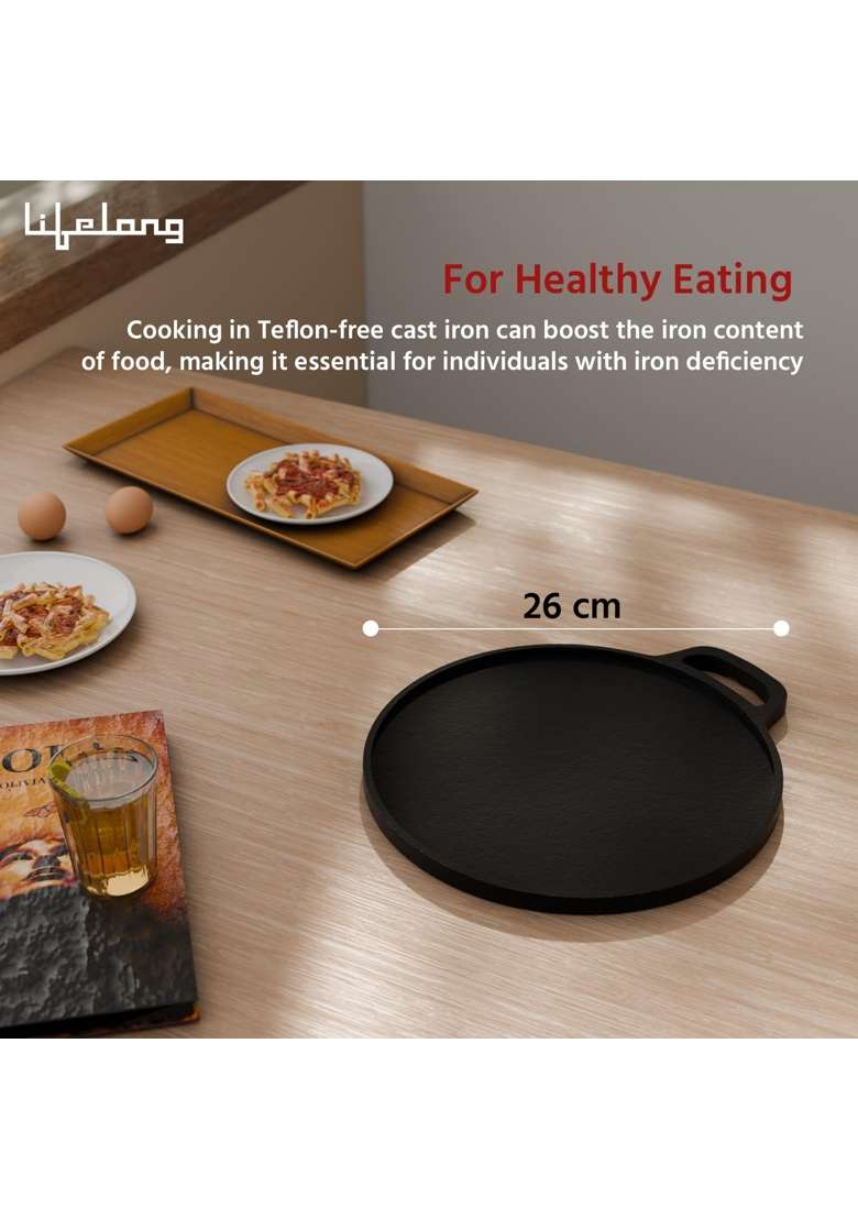 Lifelong Cast Iron Dosa Tawa Dosa Pan with Wooden Spatula for Dosa | 26 cm | 10.2 Inch | Induction Compatible | Non-Toxic | Pre-Seasoned | Non-Stick - Indya