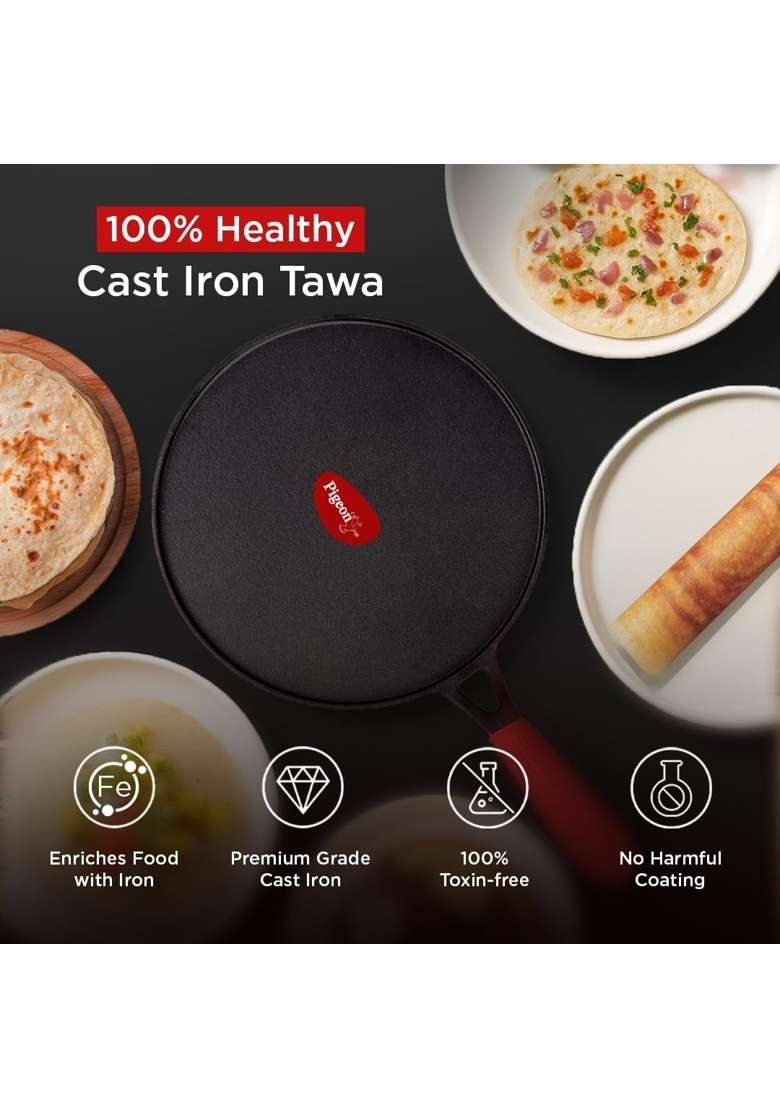 Pigeon By Stovekraft Pre-Seasoned Cast Iron Tawa Flat Griddle | 28 cm | 11 Inch | Non-Toxic | Non-Stick - Indya
