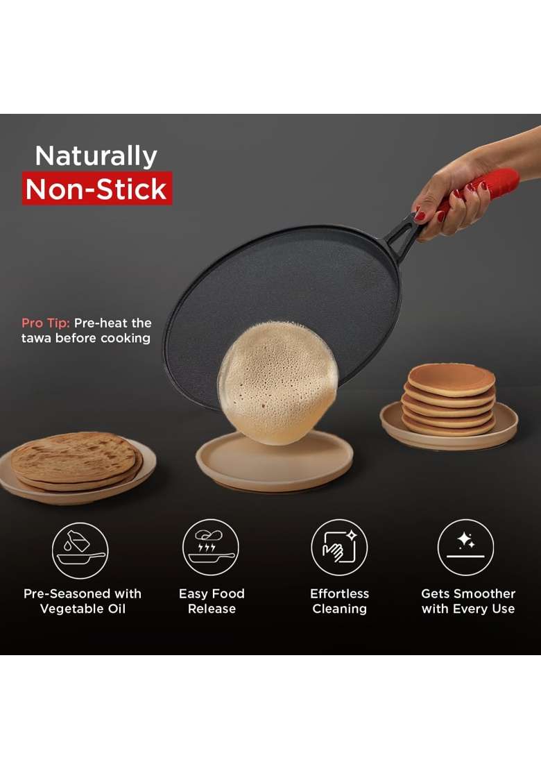 Pigeon By Stovekraft Pre-Seasoned Cast Iron Tawa Flat Griddle | 28 cm | 11 Inch | Non-Toxic | Non-Stick - Indya