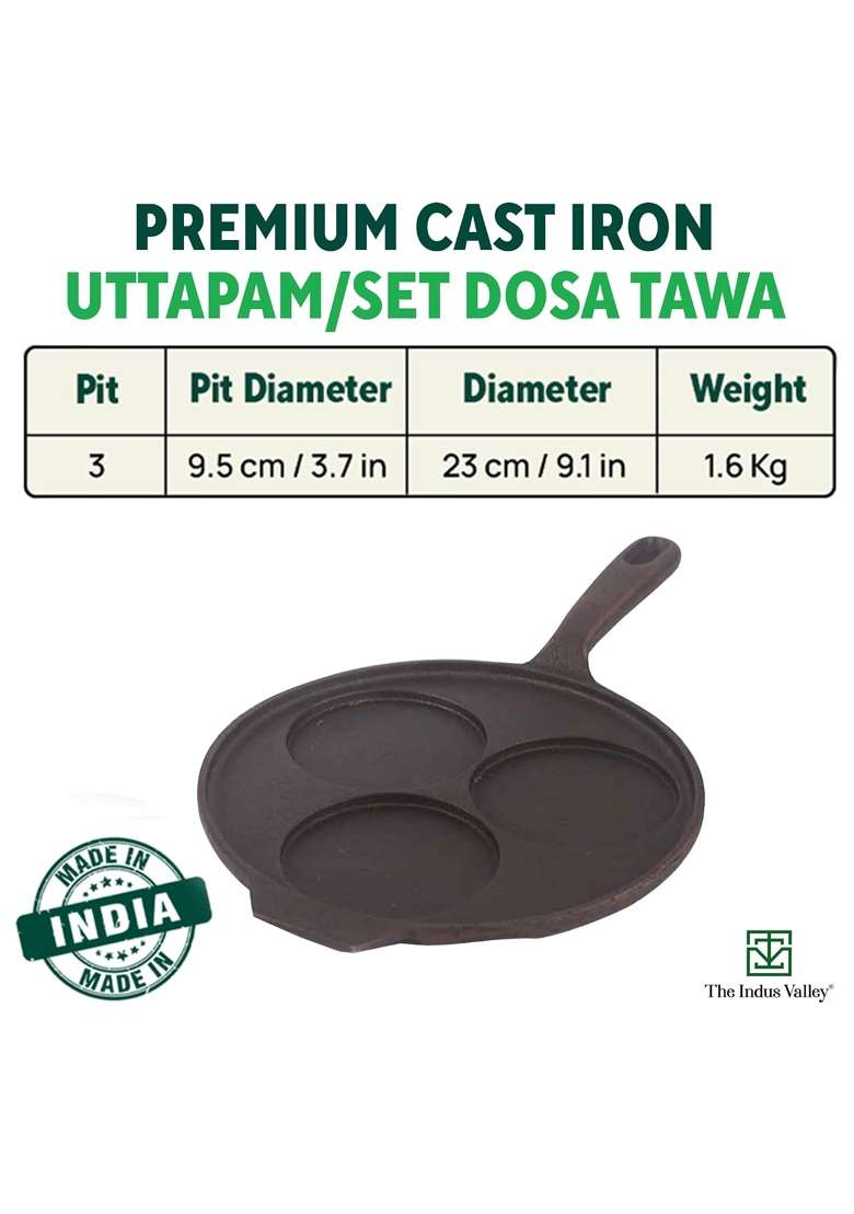 The Indus Valley Pre-Seasoned Cast Iron Uttapam Tawa Flat Griddle | 23 cm | 9.1 Inch | Induction Compatible | Non-Toxic | Non-Stick - Indya
