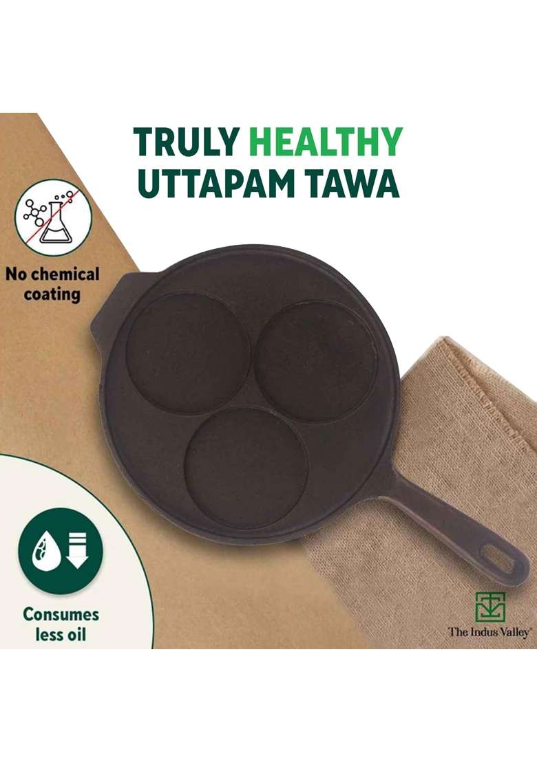The Indus Valley Pre-Seasoned Cast Iron Uttapam Tawa Flat Griddle | 23 cm | 9.1 Inch | Induction Compatible | Non-Toxic | Non-Stick - Indya