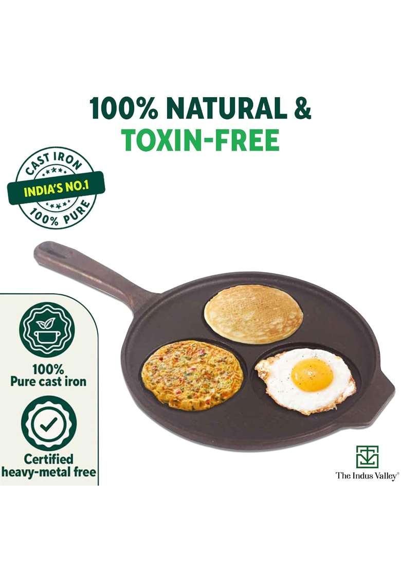 The Indus Valley Pre-Seasoned Cast Iron Uttapam Tawa Flat Griddle | 23 cm | 9.1 Inch | Induction Compatible | Non-Toxic | Non-Stick - Indya