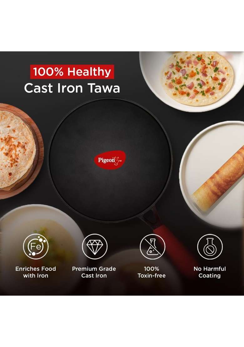 Pigeon Imperi Cast Iron Concave Dosa Roti Tawa Flat Griddle | 26 cm | 10.2 Inch | Induction Compatible | Non-Toxic | Pre-Seasoned | Non-Stick - Indya