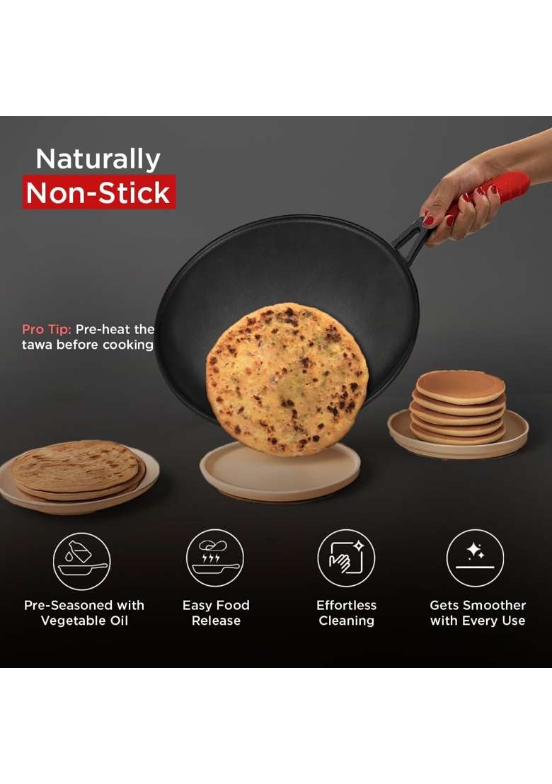 Pigeon Imperi Cast Iron Concave Dosa Roti Tawa Flat Griddle | 26 cm | 10.2 Inch | Induction Compatible | Non-Toxic | Pre-Seasoned | Non-Stick - Indya