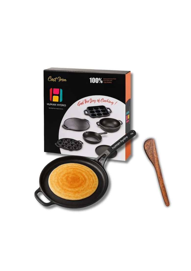 Human Hydro Pre-Seasoned Cast Iron Single Handle Tawa Flat Griddle with Spatula | 28 cm | 11 Inch | Induction Compatible | Non-Toxic | Non-Stick - Indya