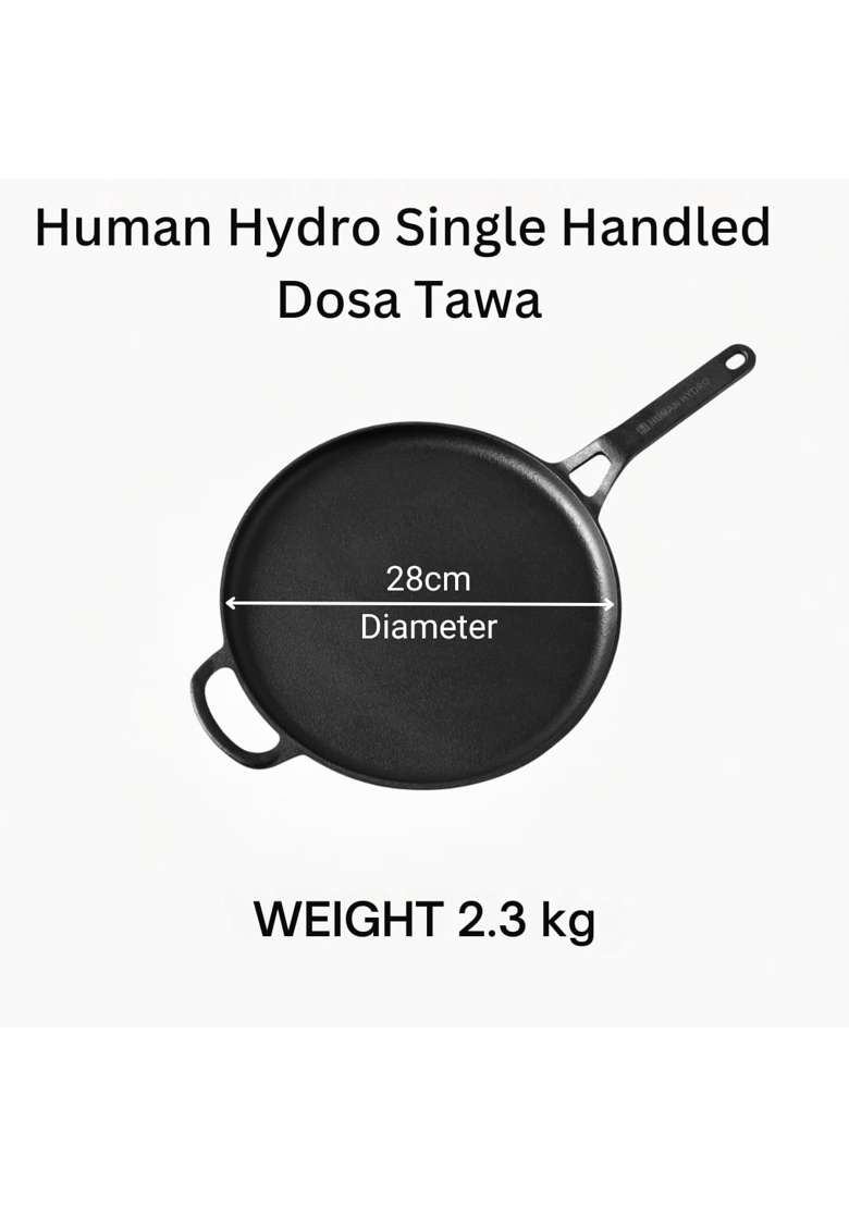 Human Hydro Pre-Seasoned Cast Iron Single Handle Tawa Flat Griddle with Spatula | 28 cm | 11 Inch | Induction Compatible | Non-Toxic | Non-Stick - Indya