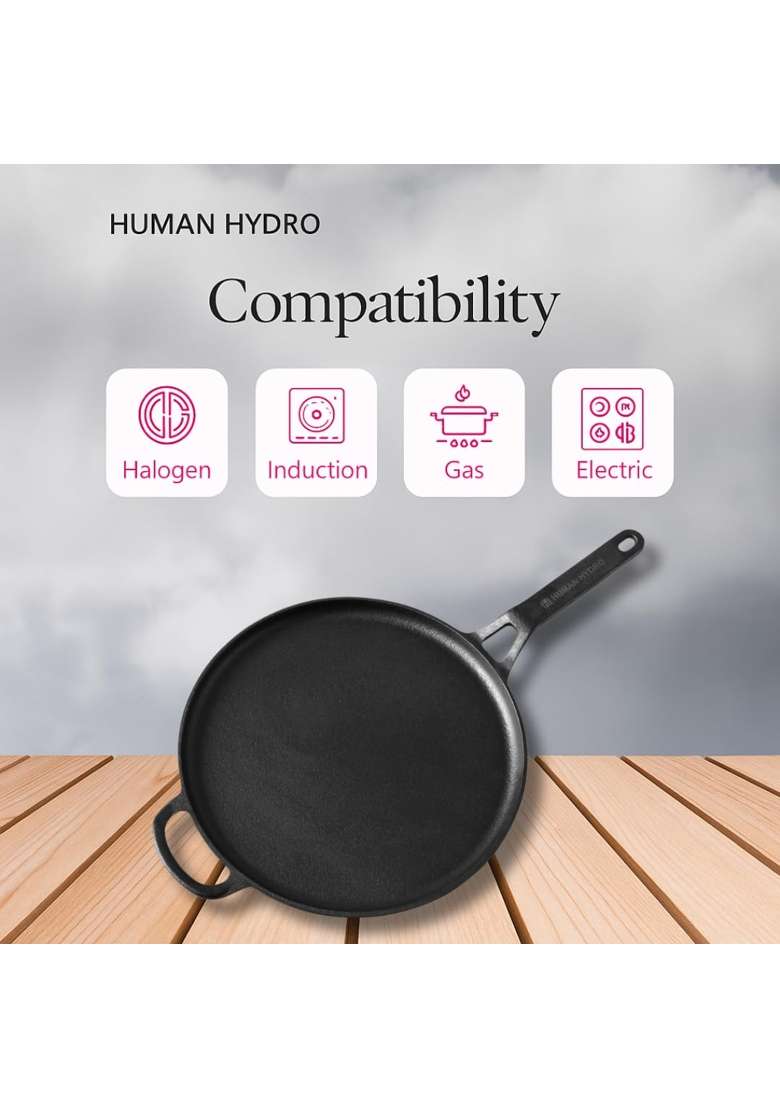 Human Hydro Pre-Seasoned Cast Iron Single Handle Tawa Flat Griddle with Spatula | 28 cm | 11 Inch | Induction Compatible | Non-Toxic | Non-Stick - Indya