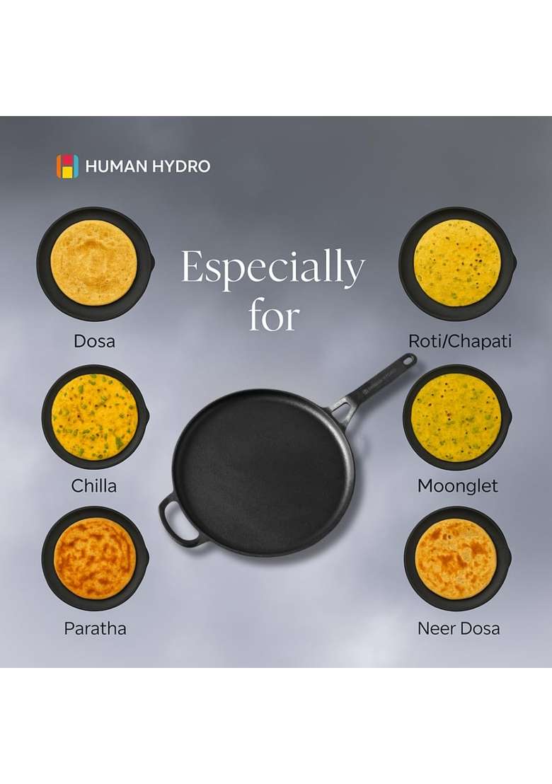Human Hydro Pre-Seasoned Cast Iron Single Handle Tawa Flat Griddle with Spatula | 28 cm | 11 Inch | Induction Compatible | Non-Toxic | Non-Stick - Indya