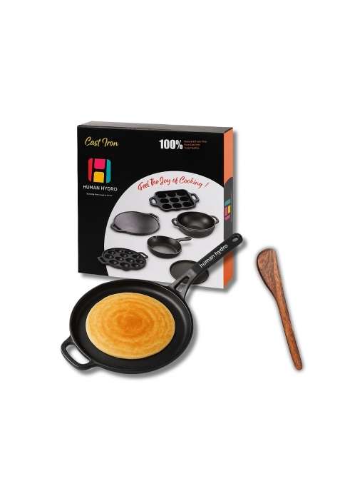 Human Hydro Pre-Seasoned Cast Iron Single Handle Tawa Flat Griddle with Spatula | 28 cm | 11 Inch | Induction Compatible | Non-Toxic | Non-Stick
