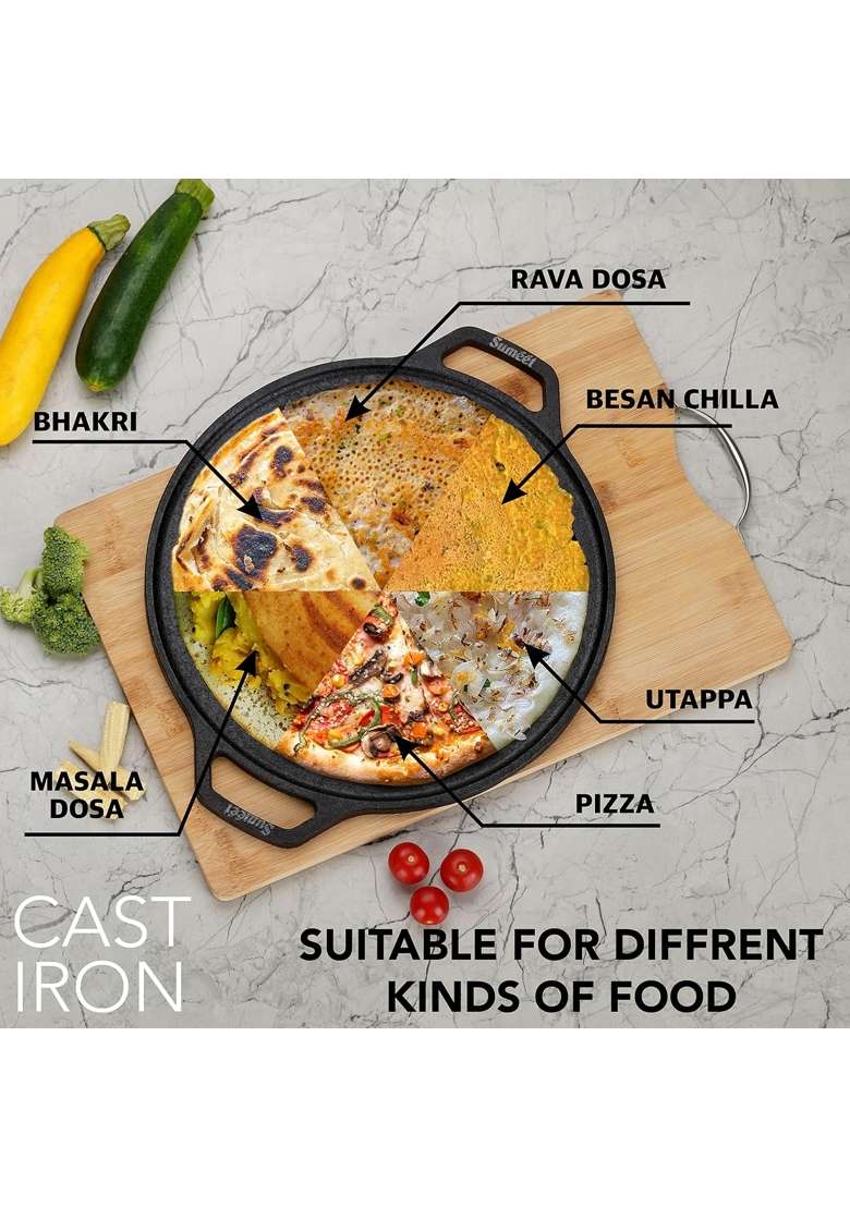 Sumeet Pre Seasoned Heavy Weight Cast Iron Flat Dosa Tawa Dosa Pan | 30 cm | 11.8 Inch | Induction Compatible - Indya