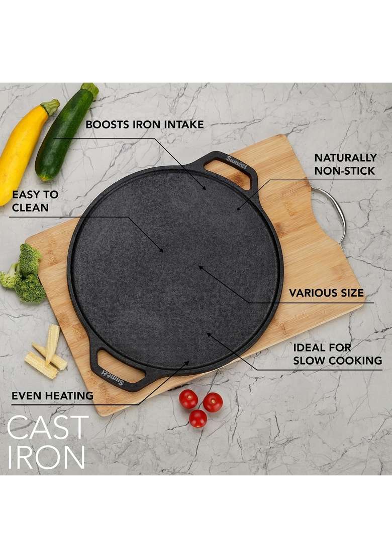 Sumeet Pre Seasoned Heavy Weight Cast Iron Flat Dosa Tawa Dosa Pan | 30 cm | 11.8 Inch | Induction Compatible - Indya