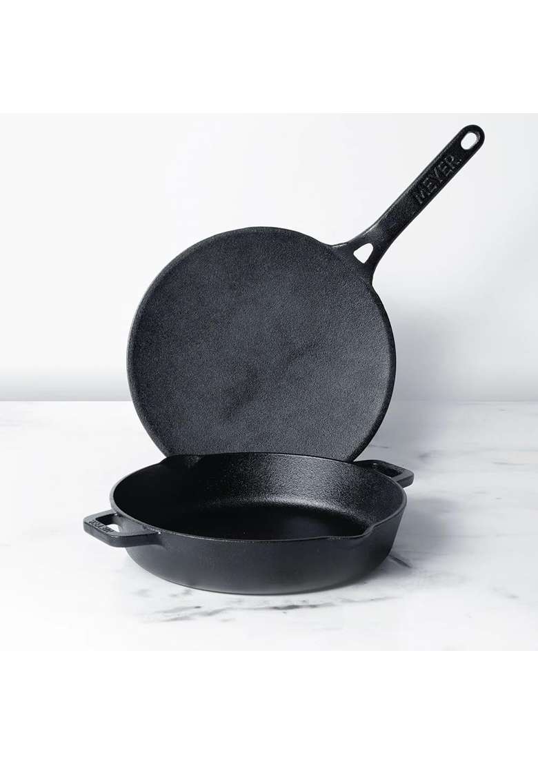 Meyer Pre-Seasoned Cast Iron Tawa Flat Griddle Cookware Set | 26 cm | 10.2 Inch | 2-Piece Set - Indya