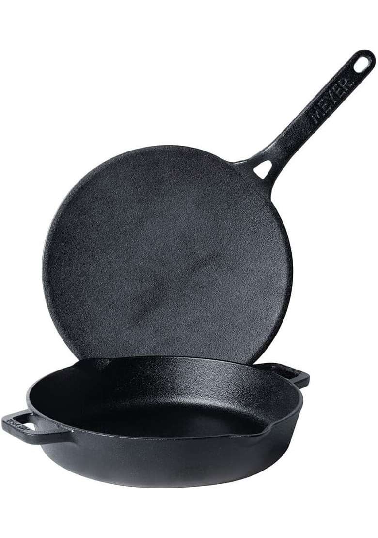 Meyer Pre-Seasoned Cast Iron Tawa Flat Griddle Cookware Set | 26 cm | 10.2 Inch | 2-Piece Set - Indya